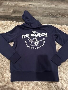 True Religion Navy Hoodie with White Graphic Guitar Logo